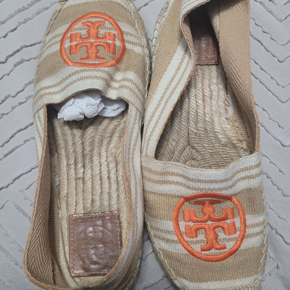 Tory Burch Striped Canvas Espadrilles with Orange Logo